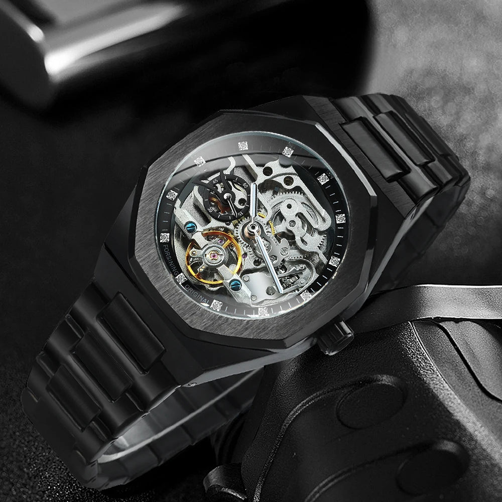 Montre automatique Squelette en Acier — Mécanisme apparent & Design architectural