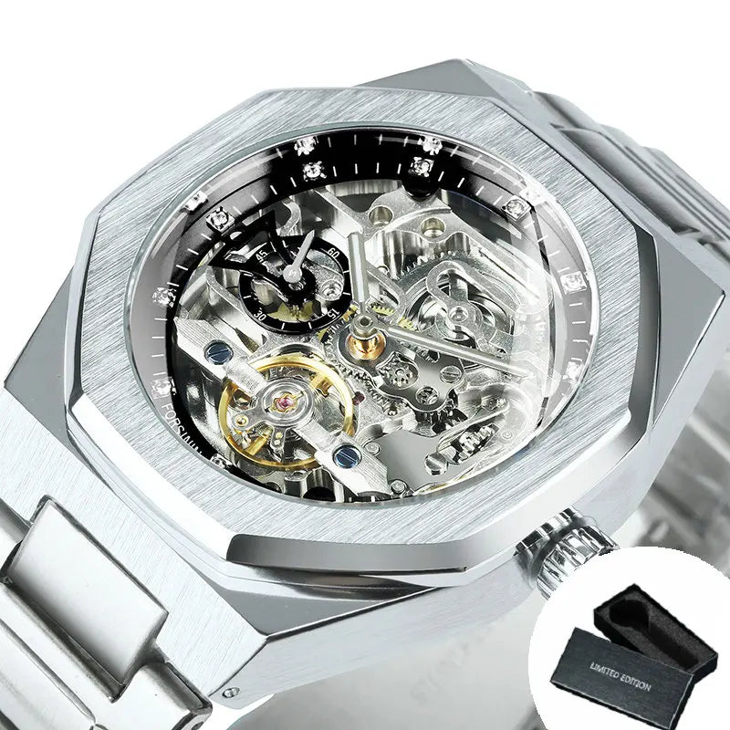 Montre automatique Squelette en Acier — Mécanisme apparent & Design architectural