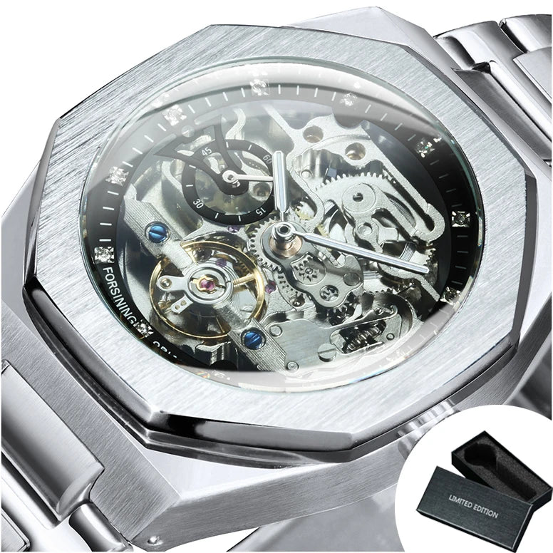 Montre automatique Squelette en Acier — Mécanisme apparent & Design architectural