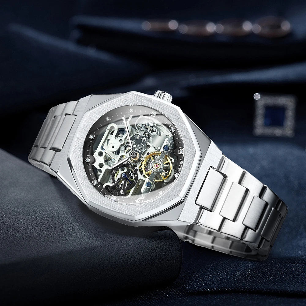 Montre automatique Squelette en Acier — Mécanisme apparent & Design architectural
