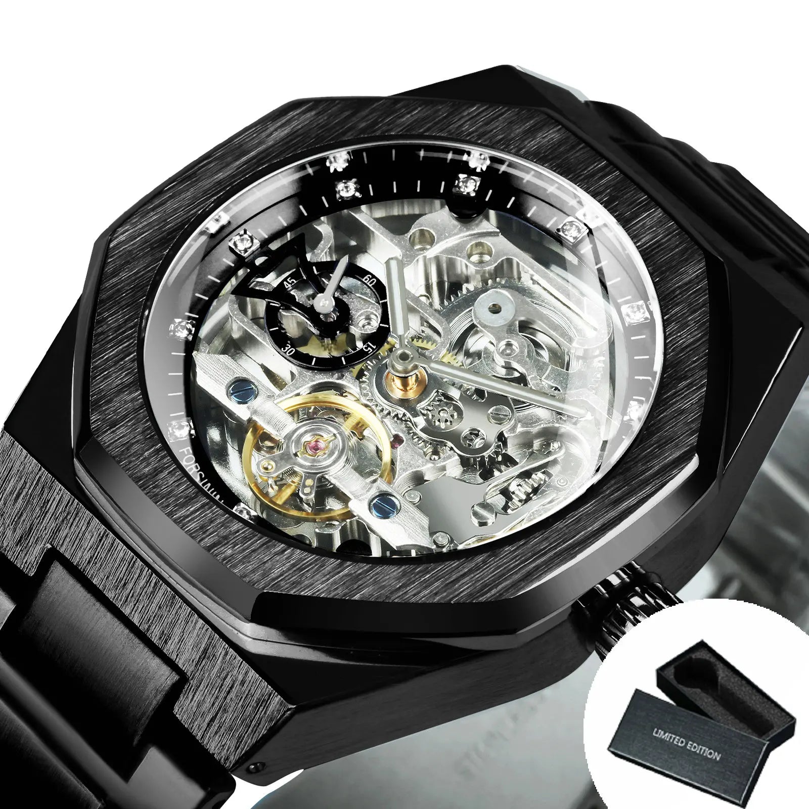 Montre automatique Squelette en Acier — Mécanisme apparent & Design architectural
